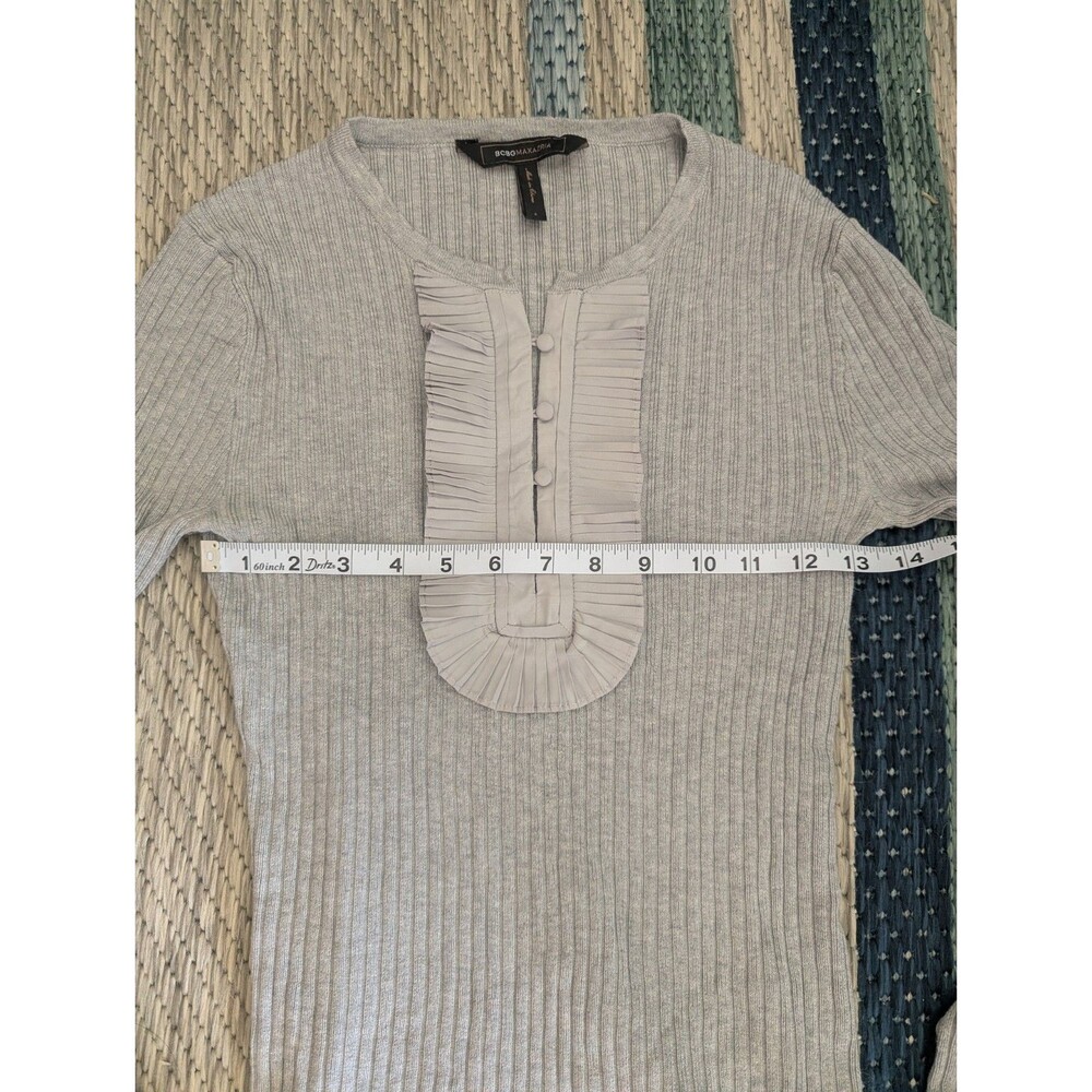 BCBG Max Azria, Small, Silk Blend Ribbed Sweater Top Gray Business Casual Fitted - Picture 5 of 6